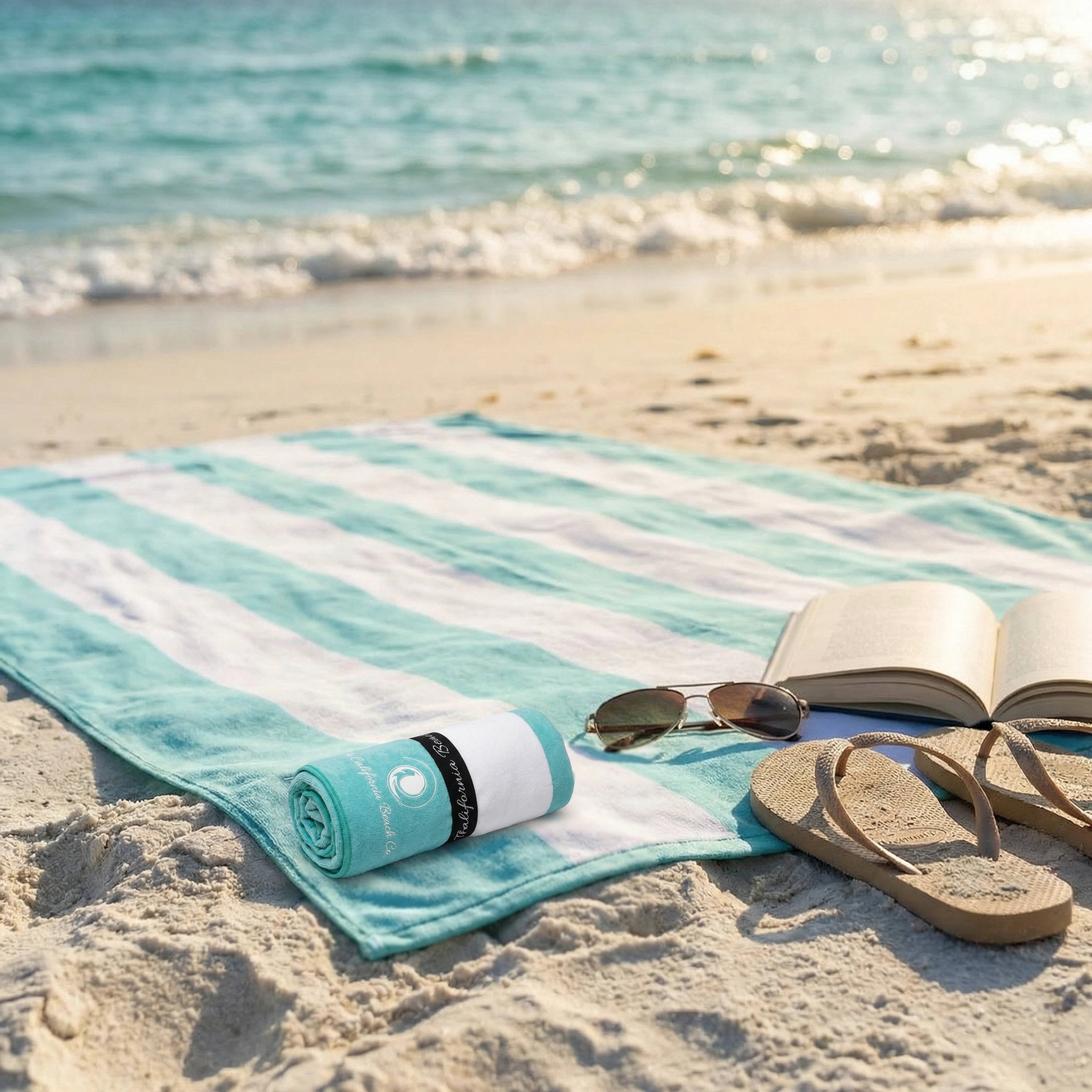 Beach towel with rolled-up towel, sunglasses, and book on sand with ocean in background