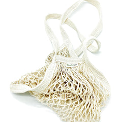 Beige mesh shopping bag with 'Bamboo' label on a white background