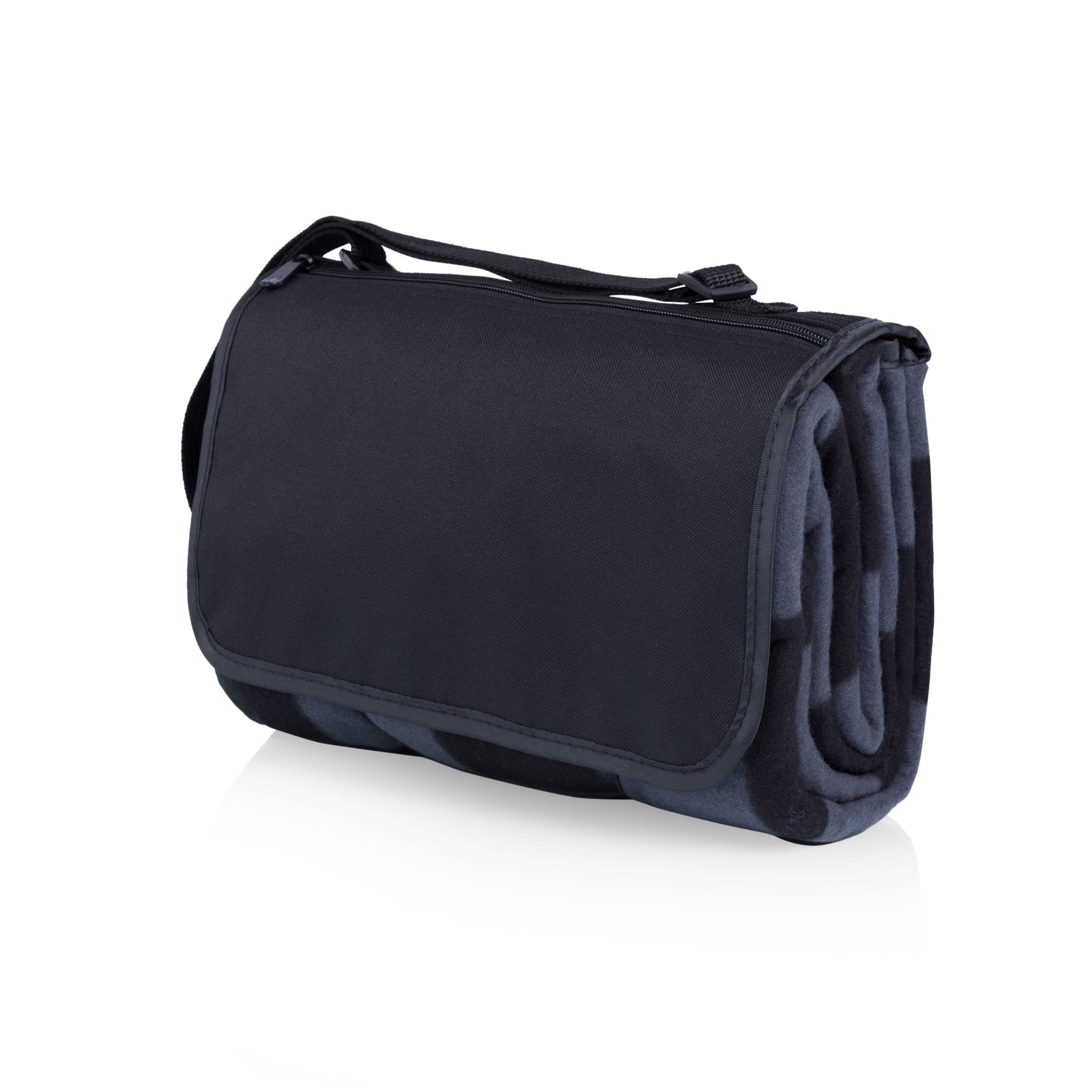 Black rolled-up picnic blanket with carrying handle on a white background