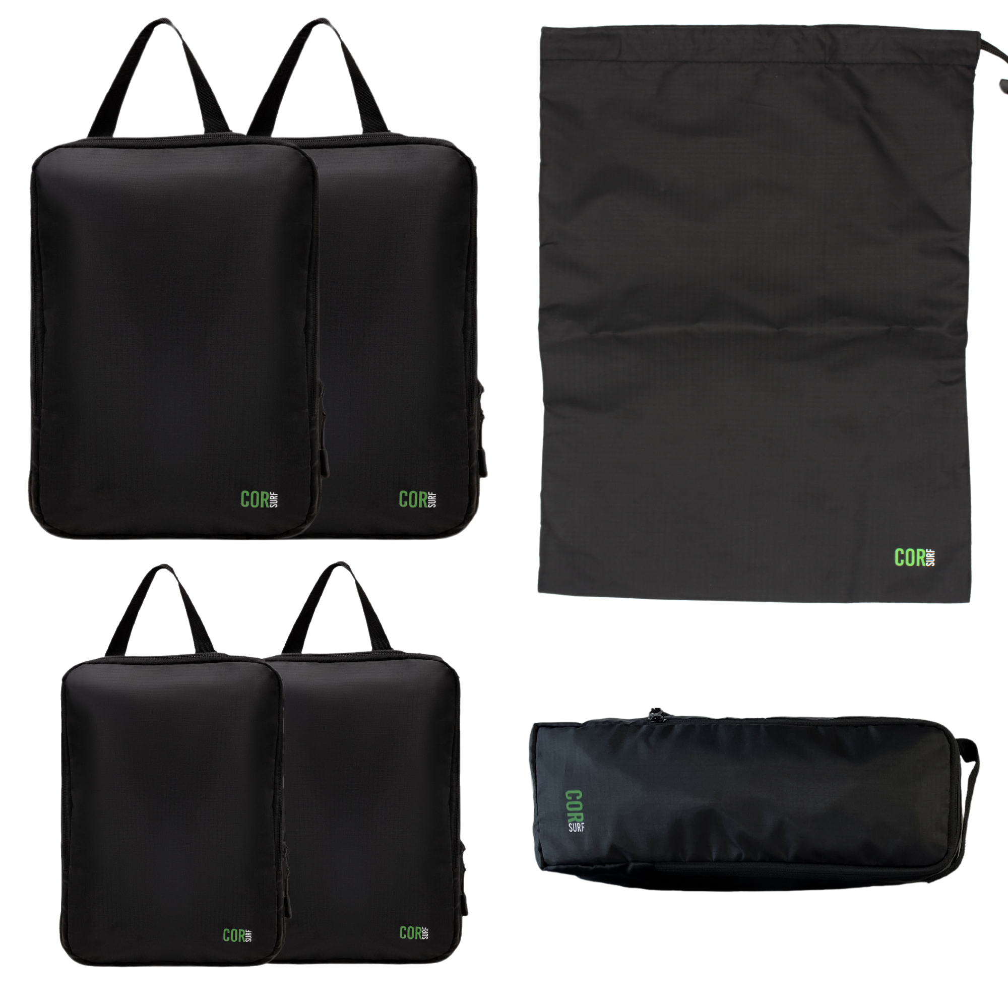 Set of black travel bags with visible brand logo on a white background