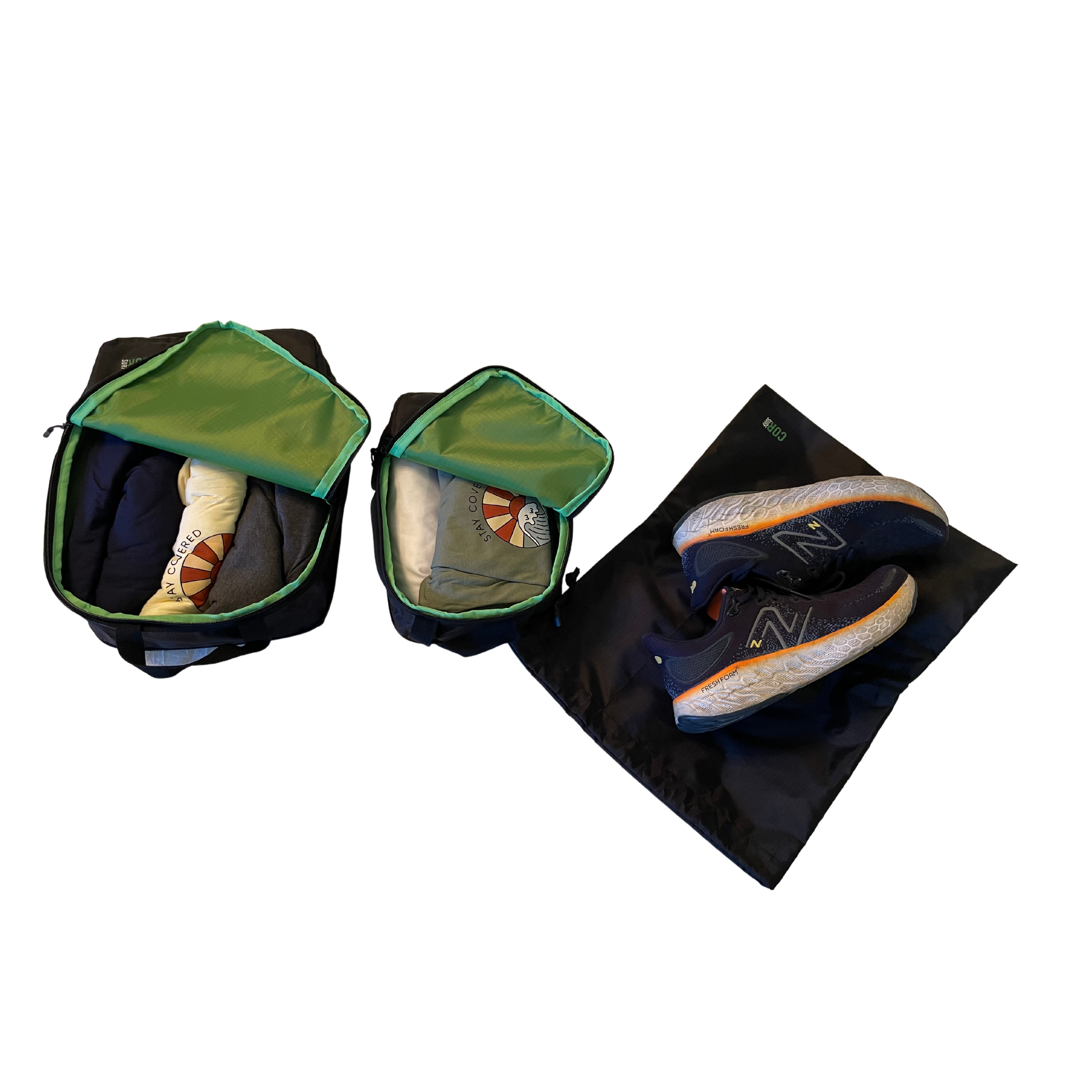 Green shoe bag with a pair of shoes on a white background