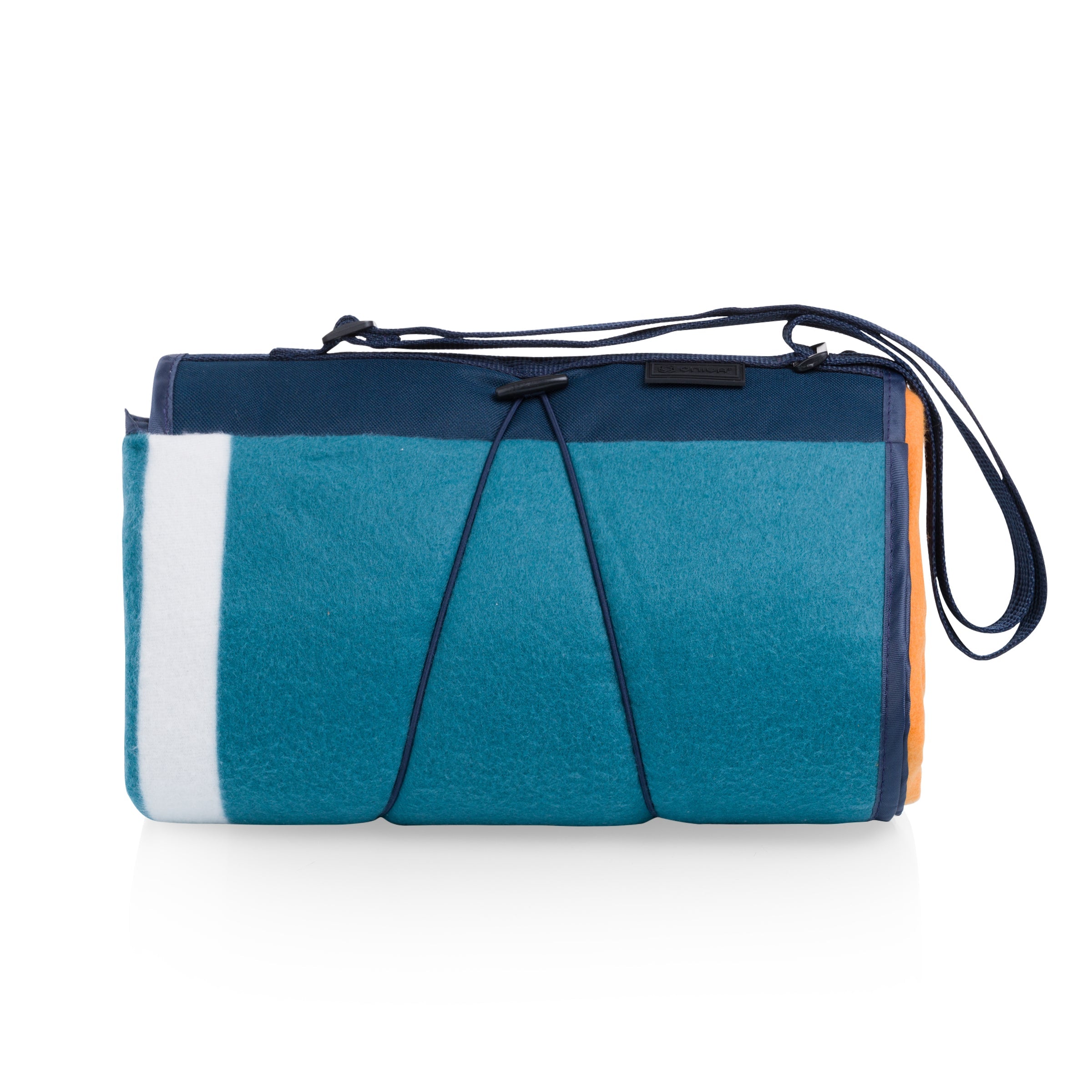 Blue and white striped bag with a strap on a white background