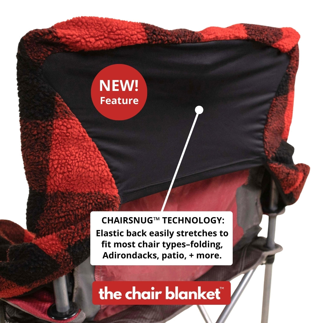 Red and black checkered chair blanket with 'NEW! Feature' label and text about CHAIRSNUG technology.