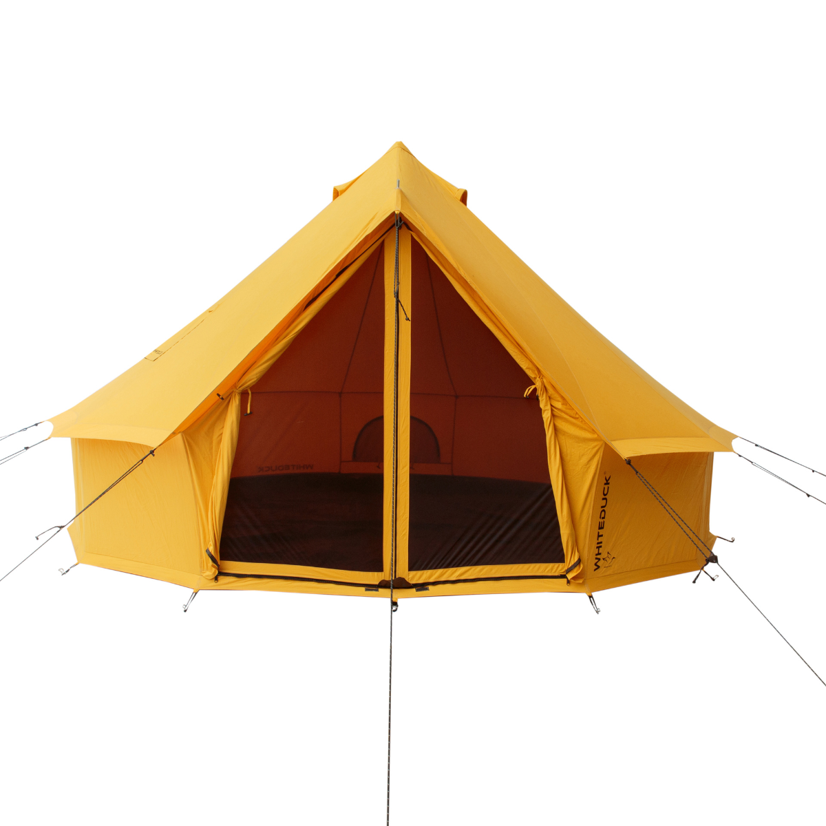 Yellow tent with visible branding on a white background