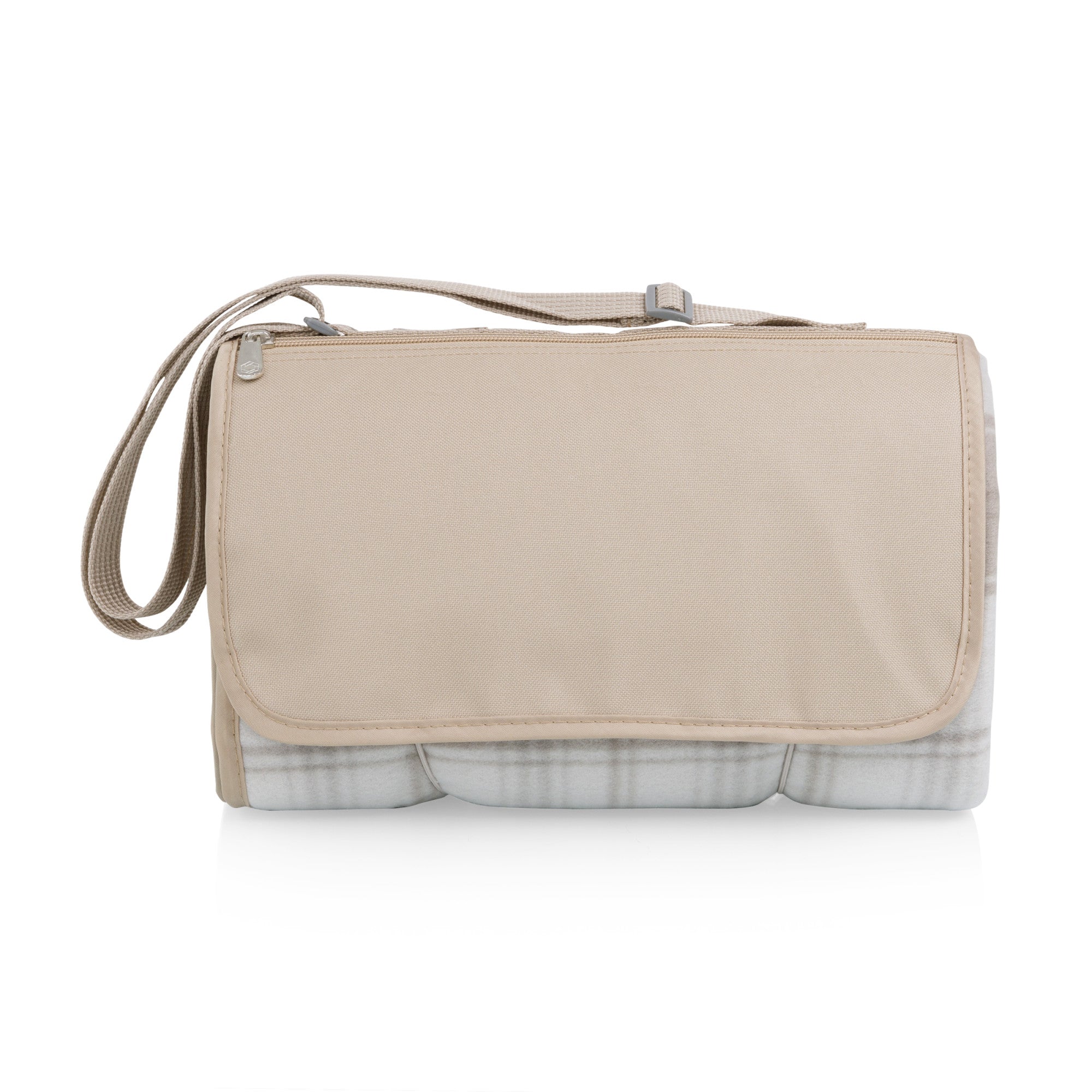 Beige shoulder bag with a plaid pattern on a white background