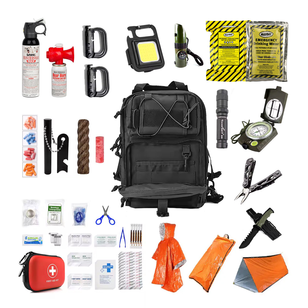 Collection of emergency survival gear including a black backpack, tools, and supplies on a white background.