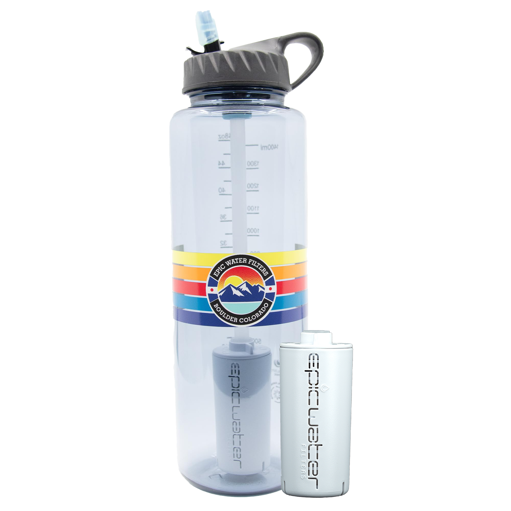 Clear water bottle with colorful label and smaller white bottle on a white background
