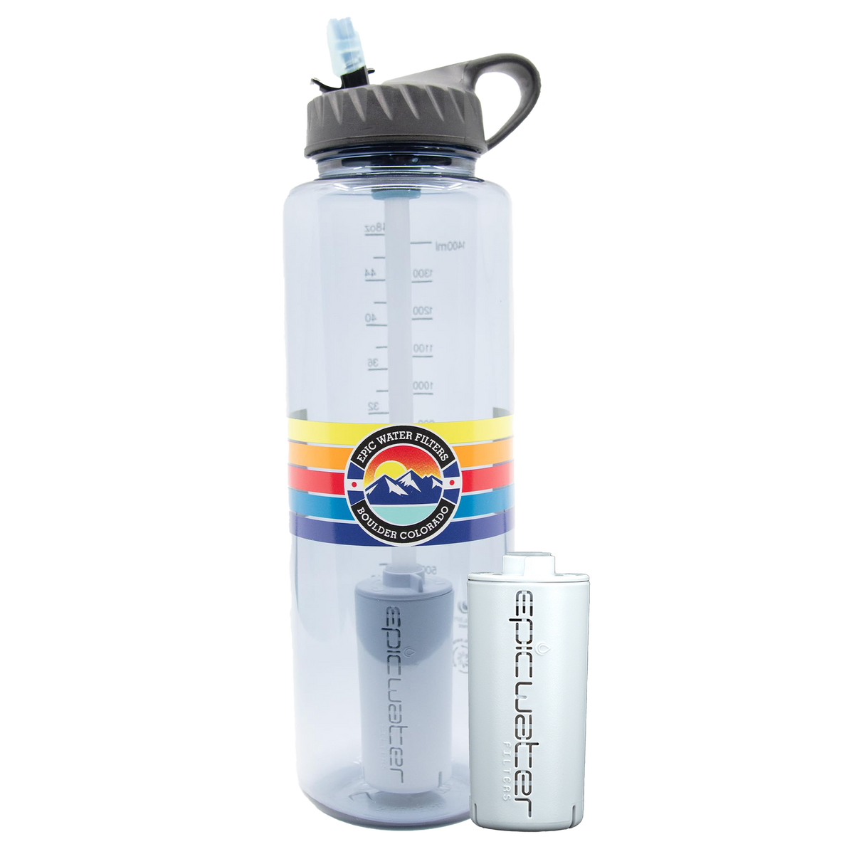 Clear water bottle with colorful label and smaller white bottle on a white background