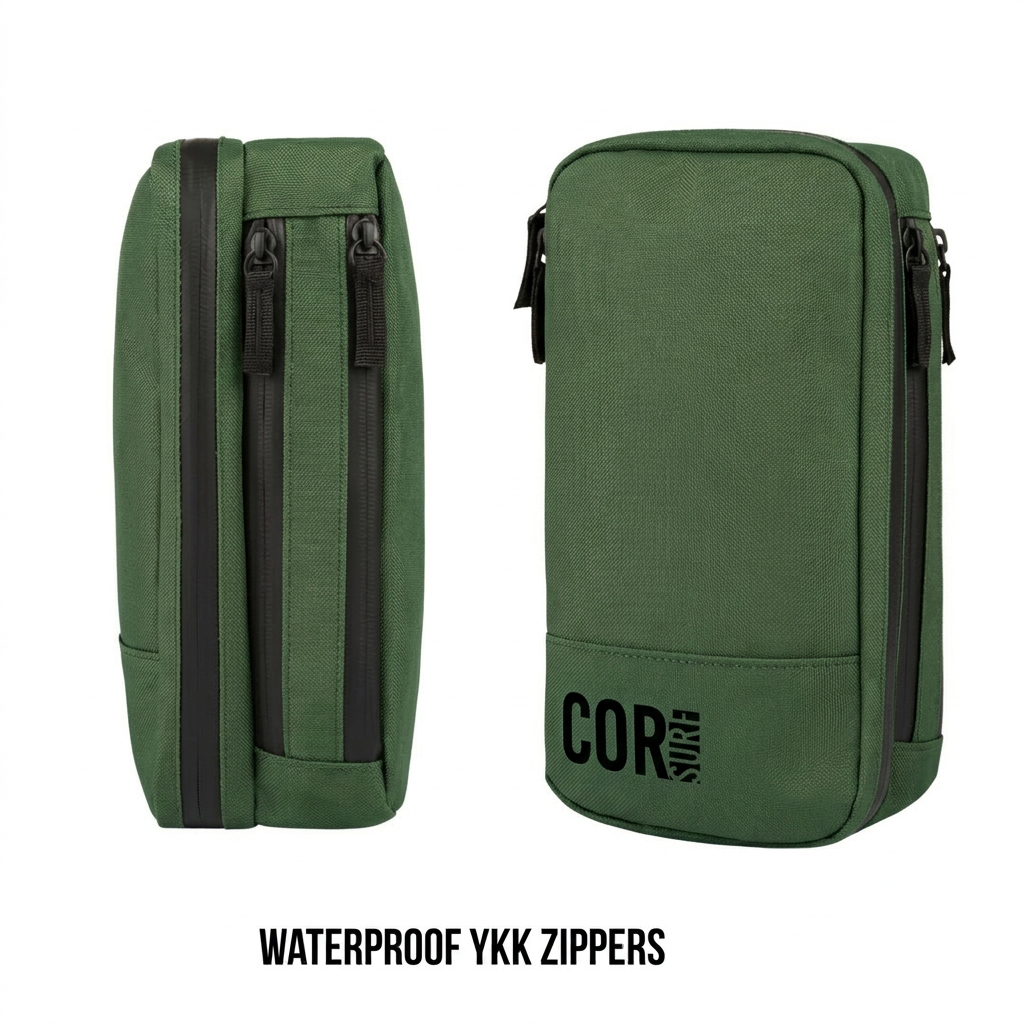 Green backpack with black zippers on a white background