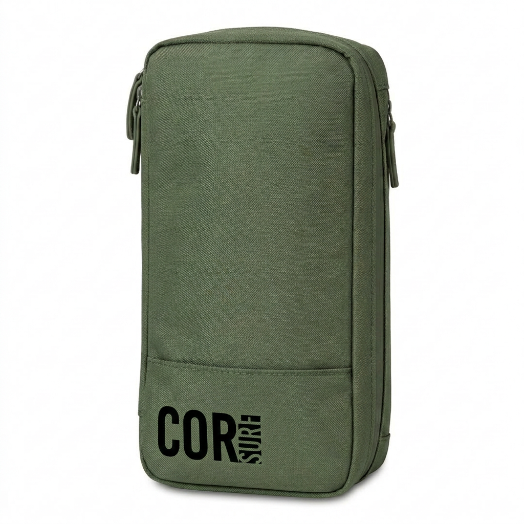 Green pouch with 'COR' branding on a white background