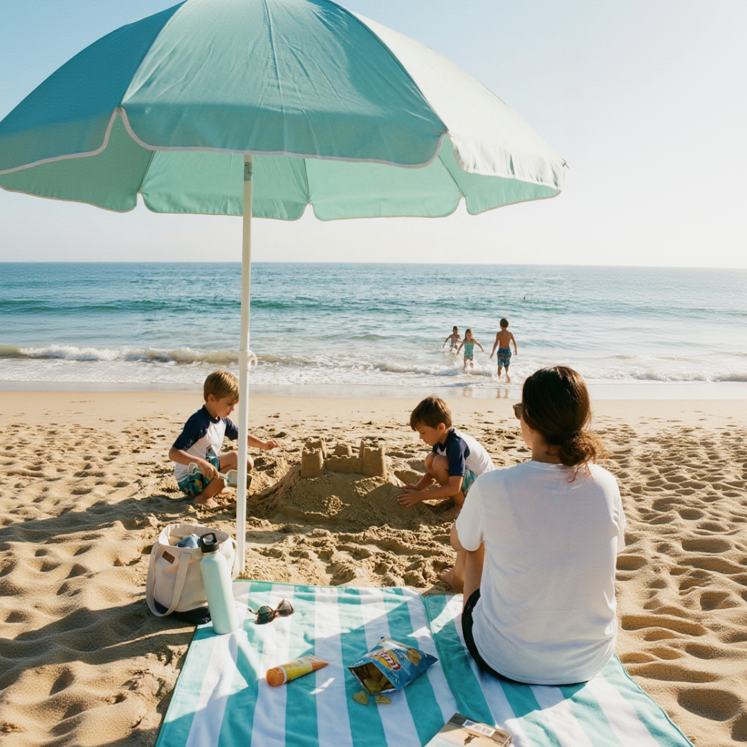 Family on a beach with a large turquoise umbrella and sandcastle.