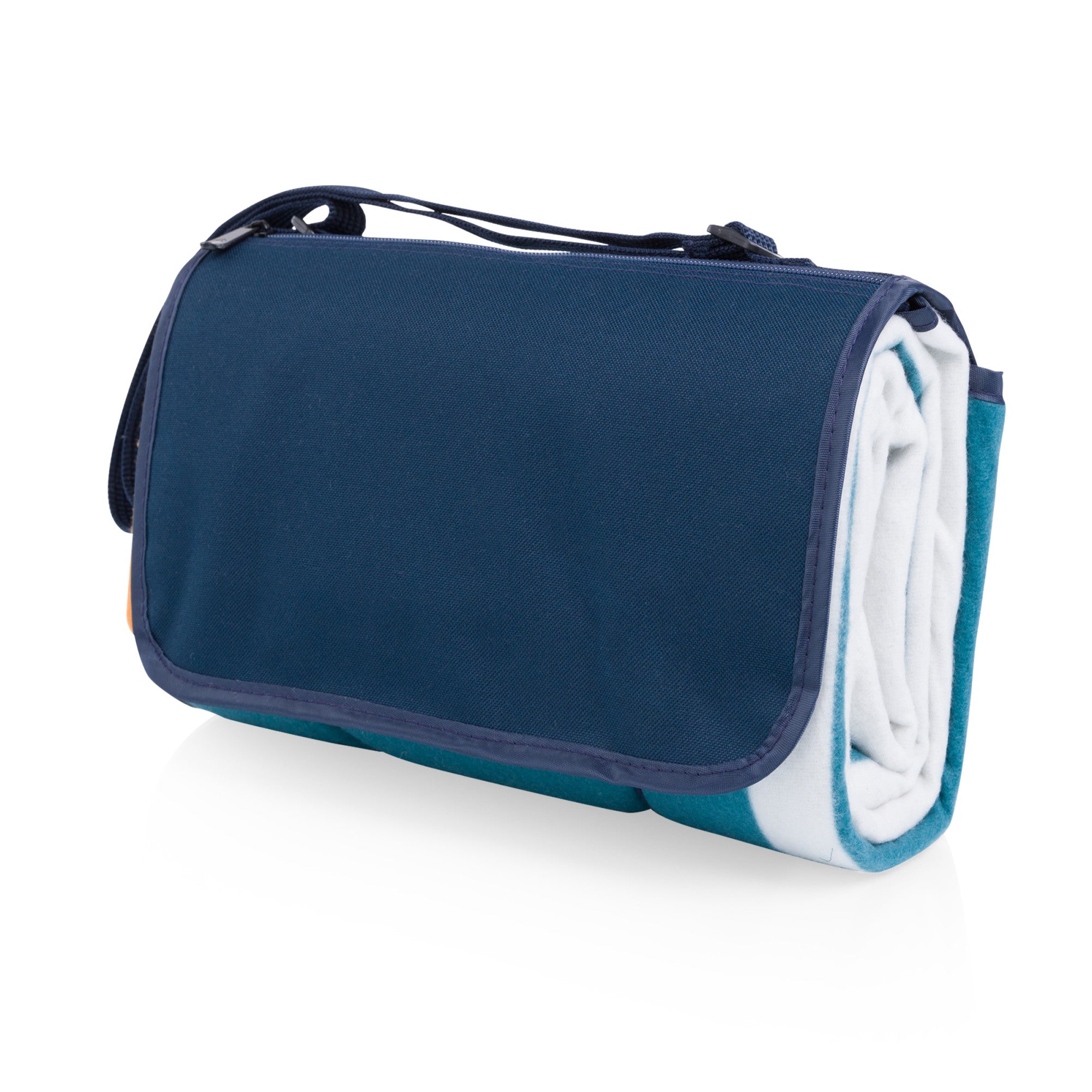 Roll-up picnic blanket with blue and white design on a white background