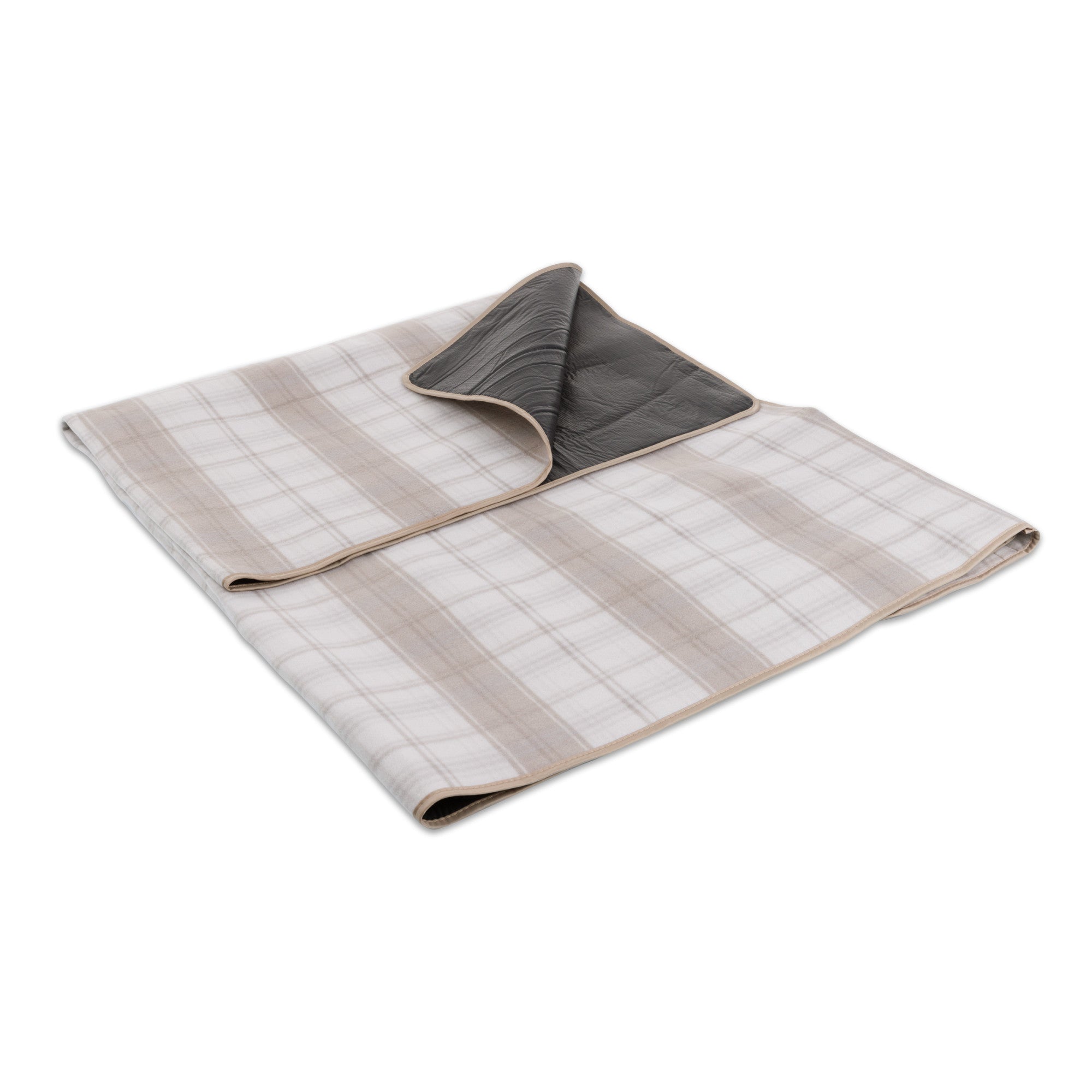 Folded quilt with beige and gray checkered pattern on a white background