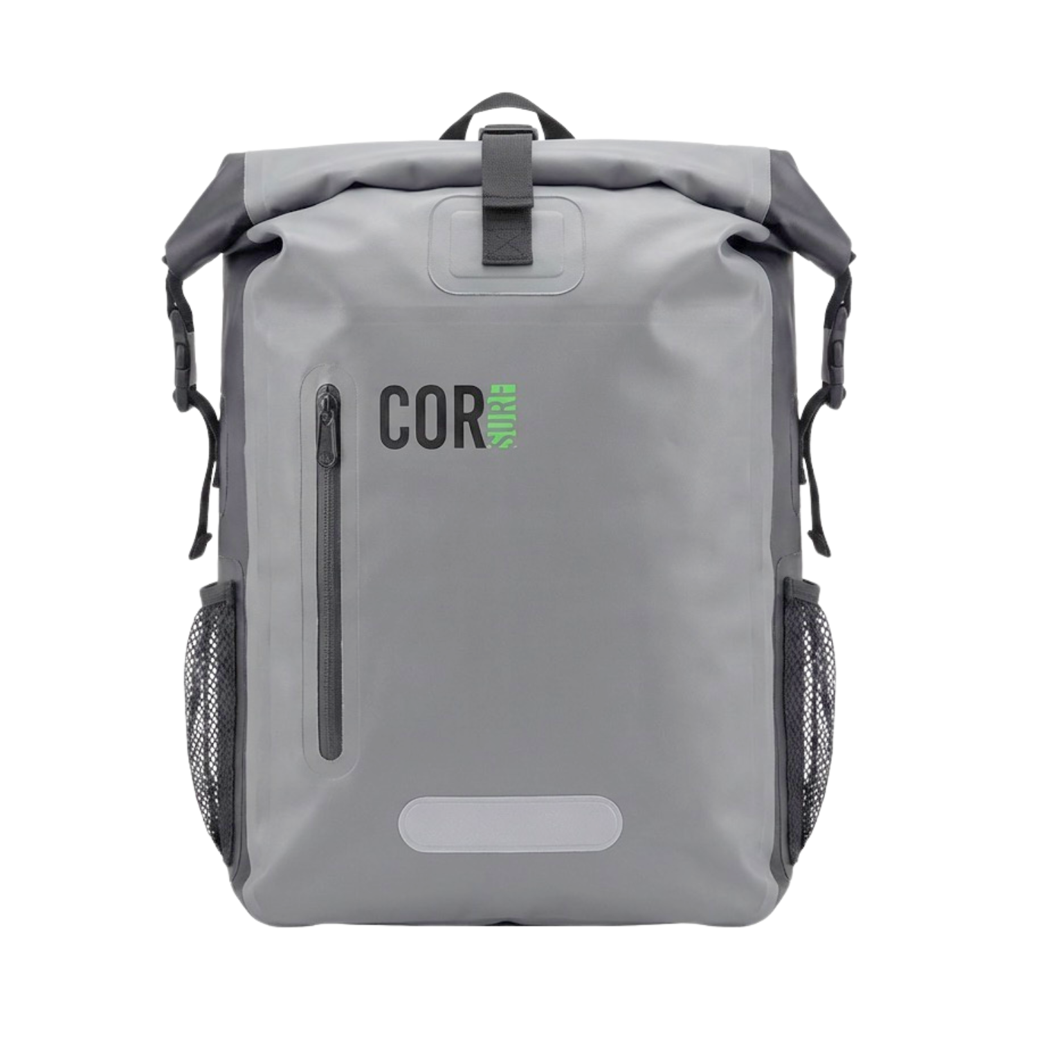 Gray backpack with 'COR' logo on a white background