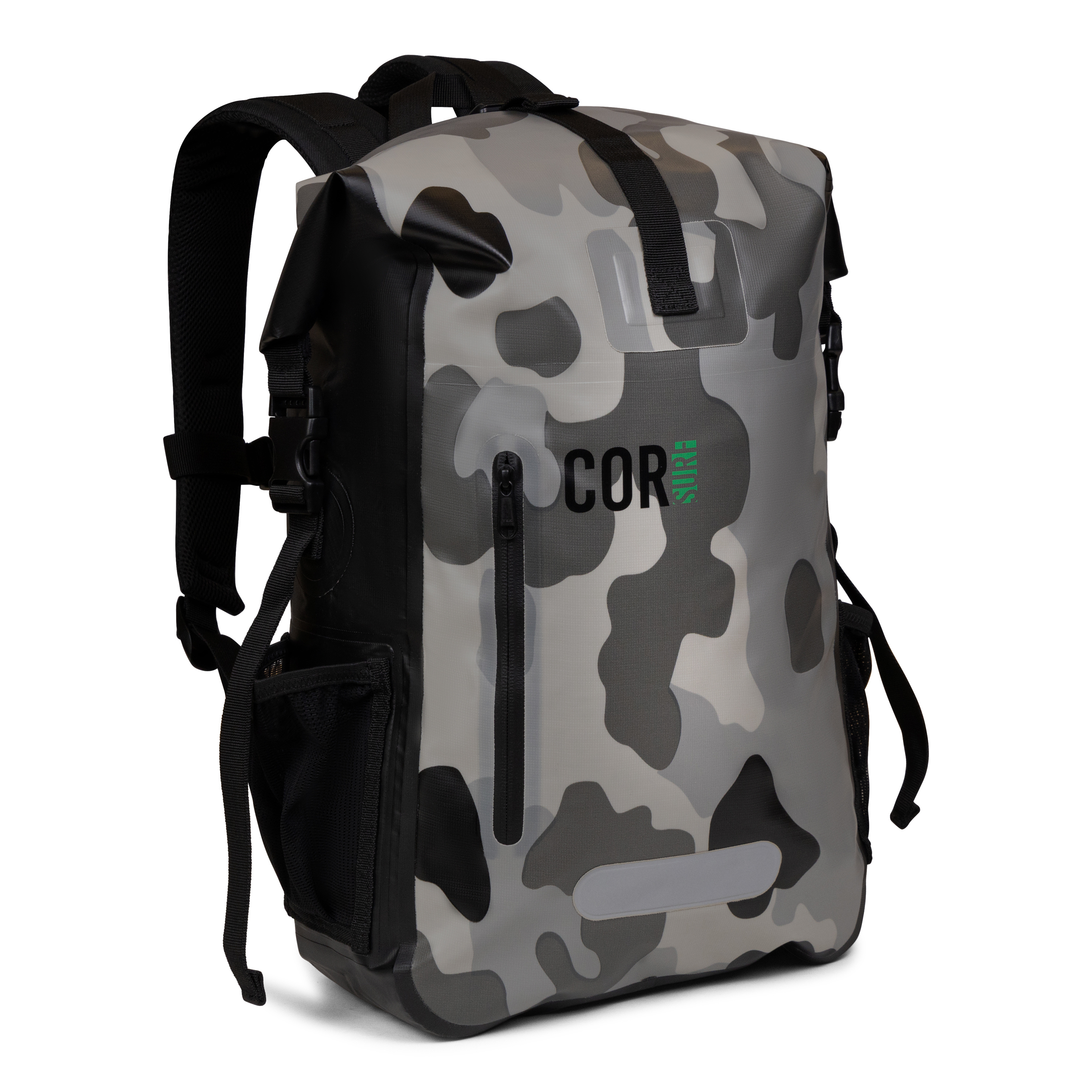 Camouflage backpack with 'COR' branding on a white background