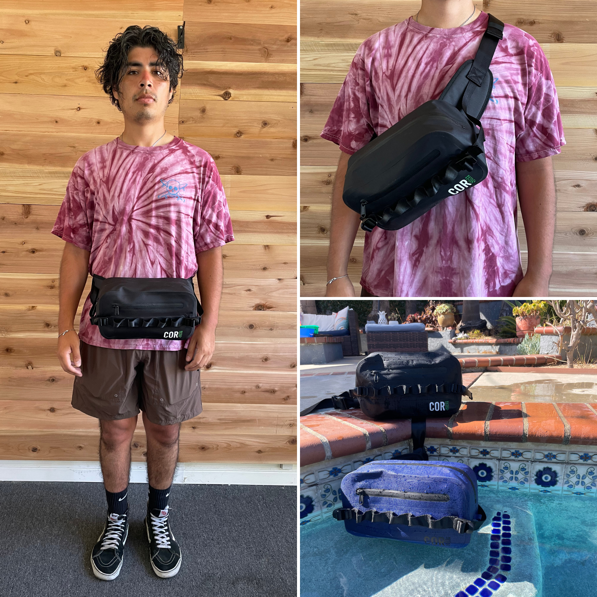 Person wearing a tie-dye shirt with a black bag, shown from different angles.