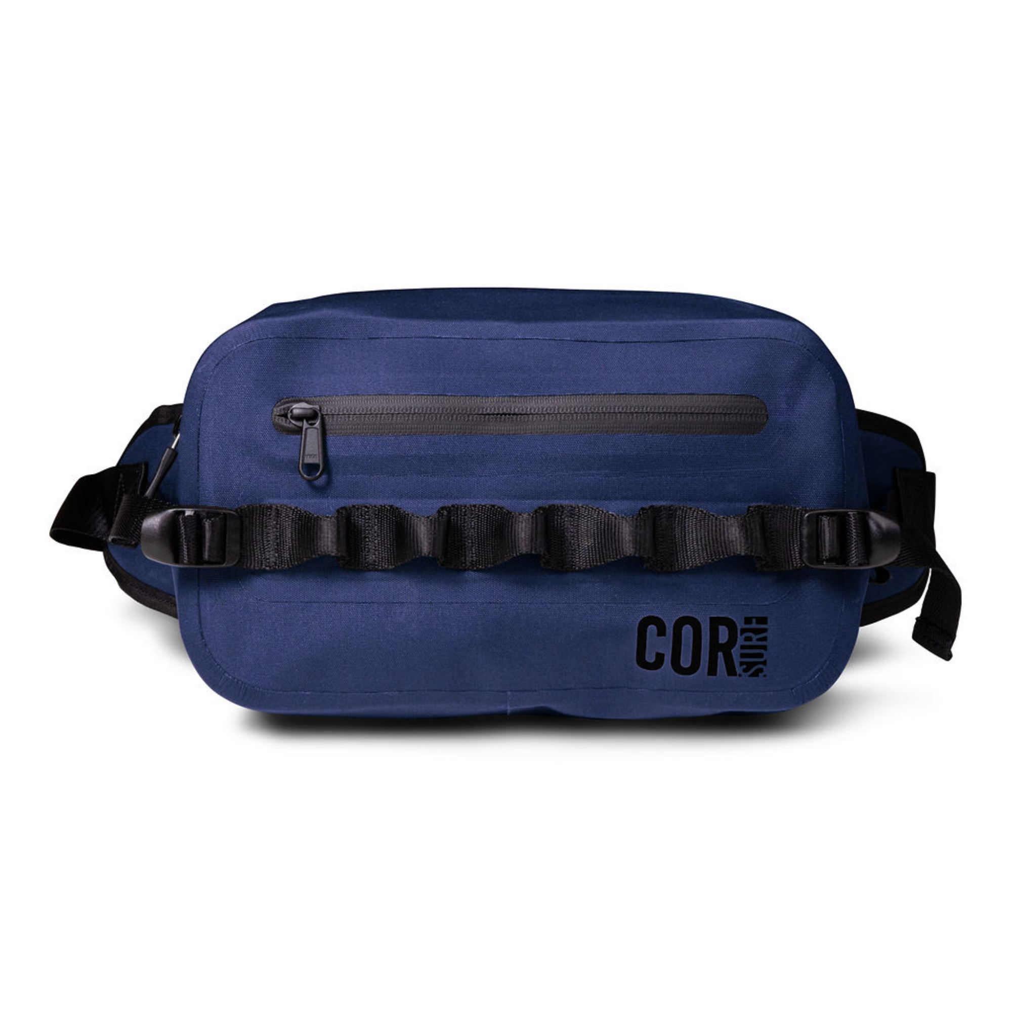 Blue bag with black zippers and straps on a white background