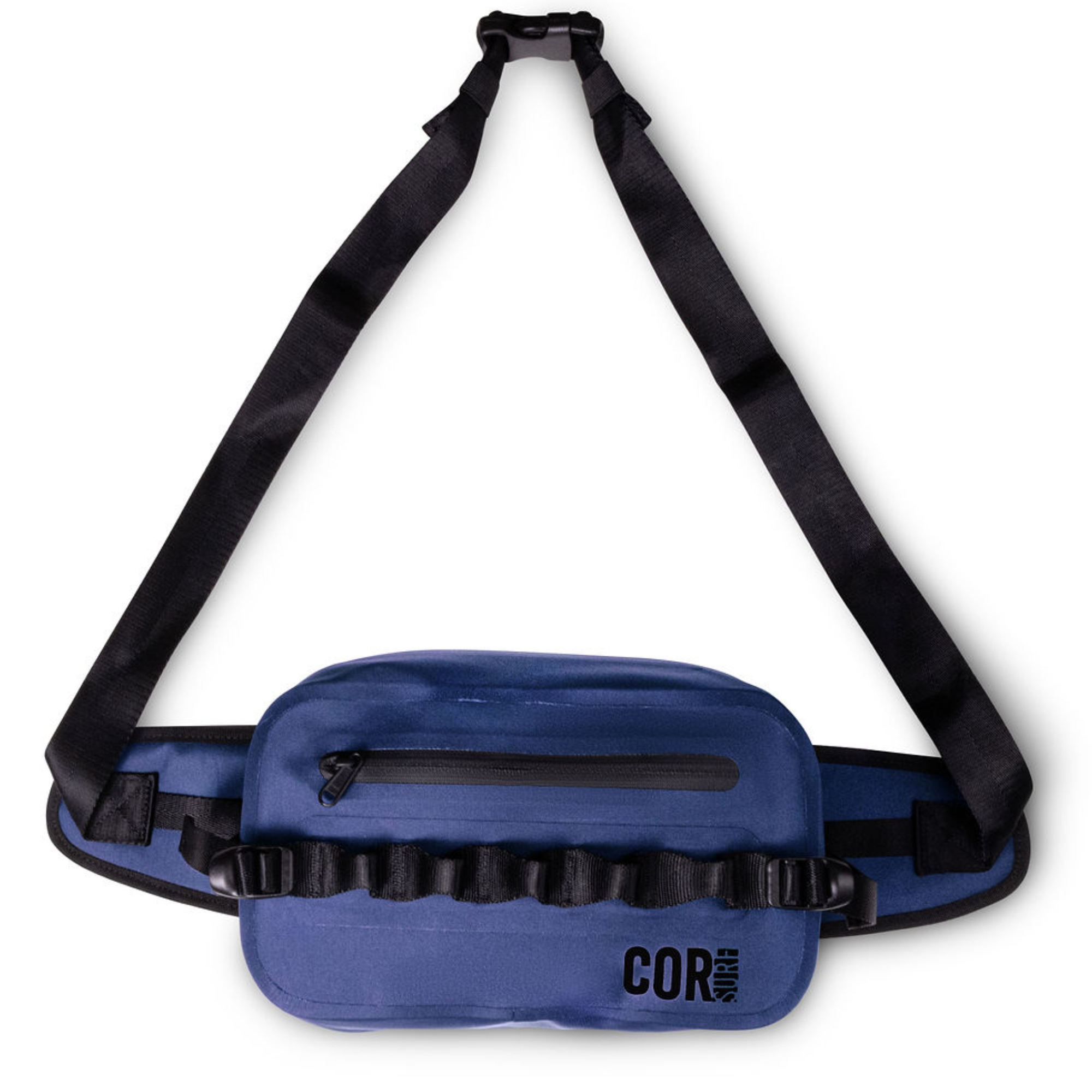 Blue waist bag with black strap on a white background