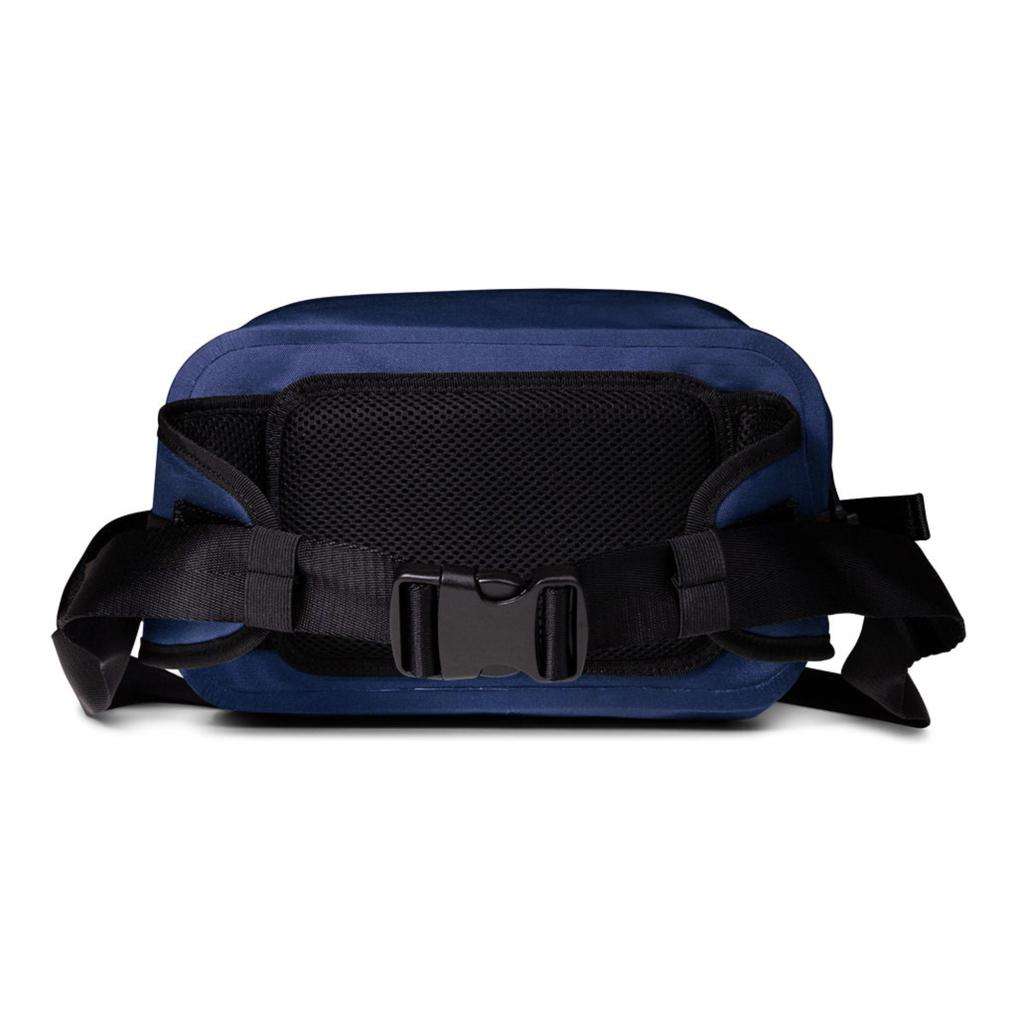 Blue waist bag with black strap on a white background