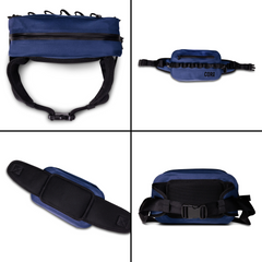 Blue waist bag with black straps shown from multiple angles on a white background