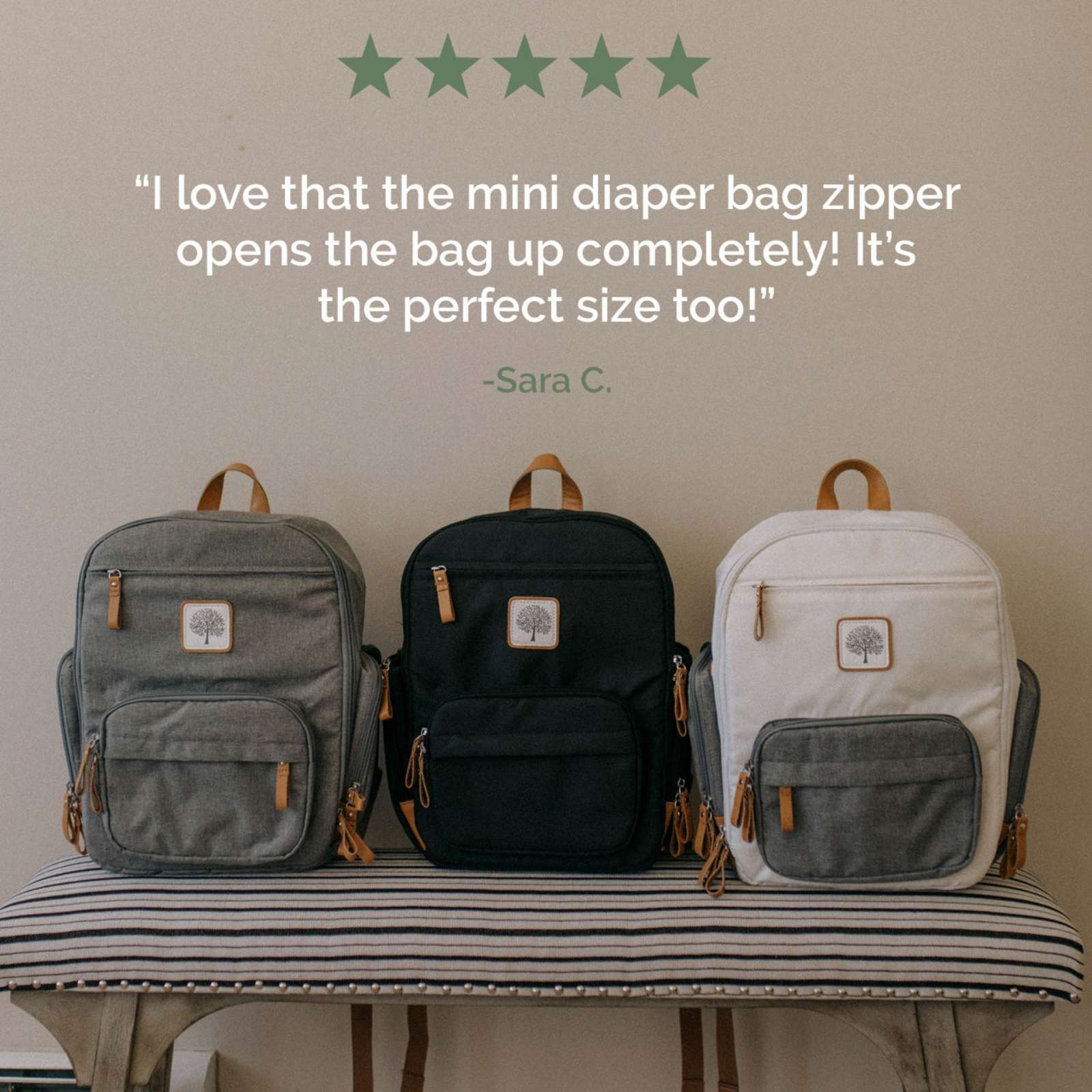 Three mini diaper bags in gray, black, and beige on a striped surface with a five-star rating and customer review text.