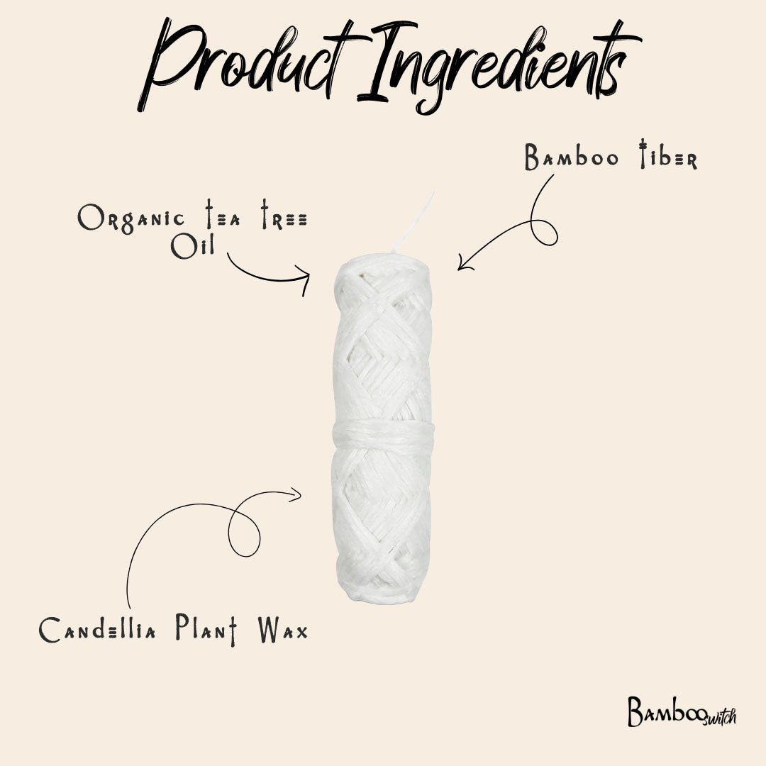Product ingredients displayed with a roll of white yarn on a beige background