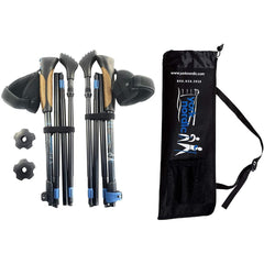 Two folding walking sticks with straps and a carrying bag on a white background