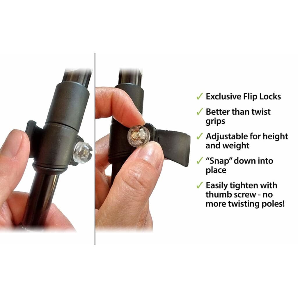 Hand holding a adjustable pole with flip locks and features listed on the right.
