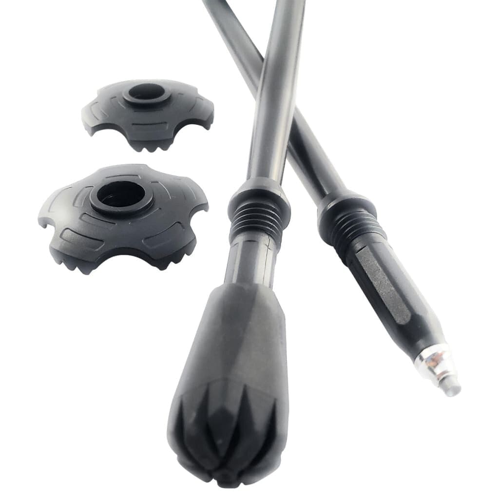 Two black fishing rods with gray tips on a white background