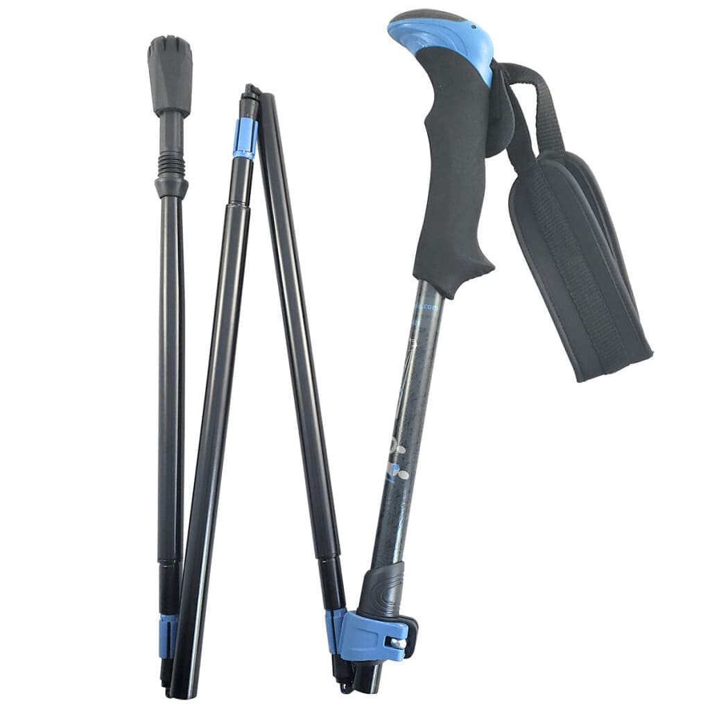 Pair of black and blue hiking poles on a white background