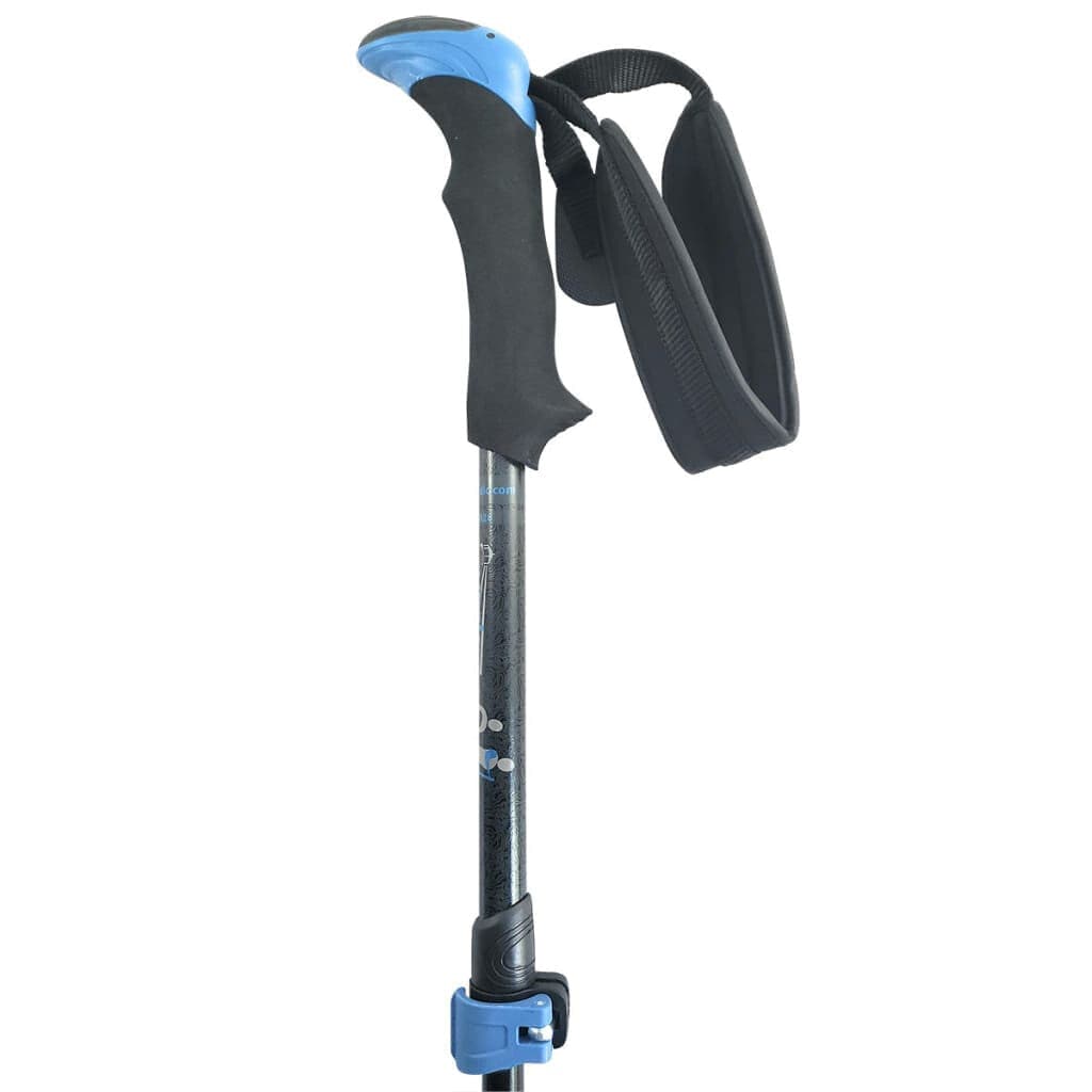 Black and blue hiking pole on a white background